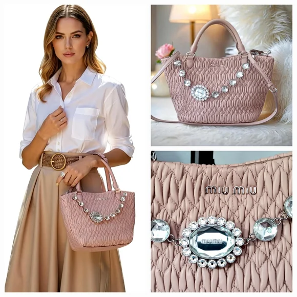 Miu Miu Nappa Matelasse Swarovski Crystal Tote Cammeo EUC - Picture 1 of 16